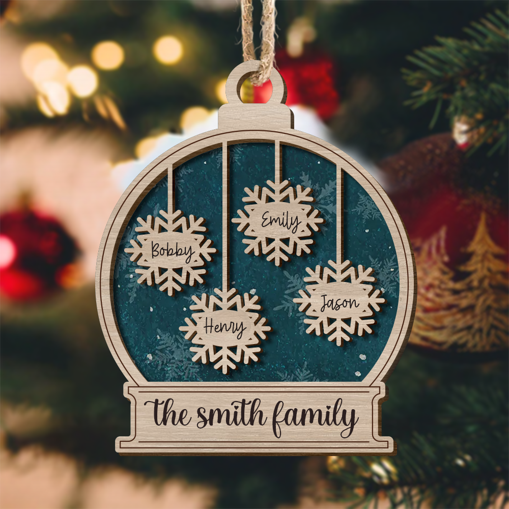 Personalized Dog Lover Family Snow Globe Shaped 2 Layered Wood Christmas Ornament AE