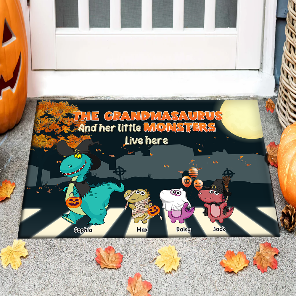 Personalized Grandma And Kids Dinosaur Halloween Doormat AB