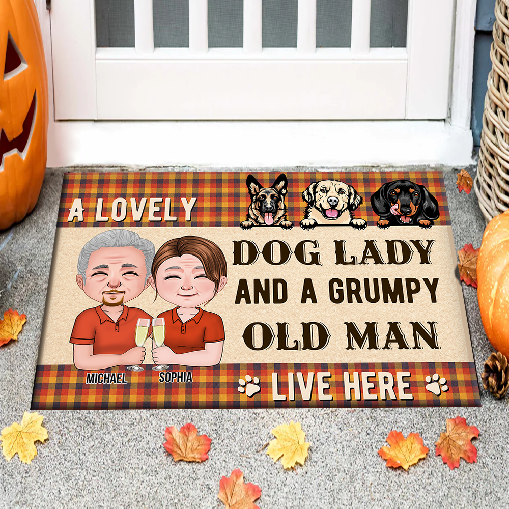 Personalized Crazy Dog Lady And Grumpy Old Man Live Here Doormat, Dog Lover Gift AB