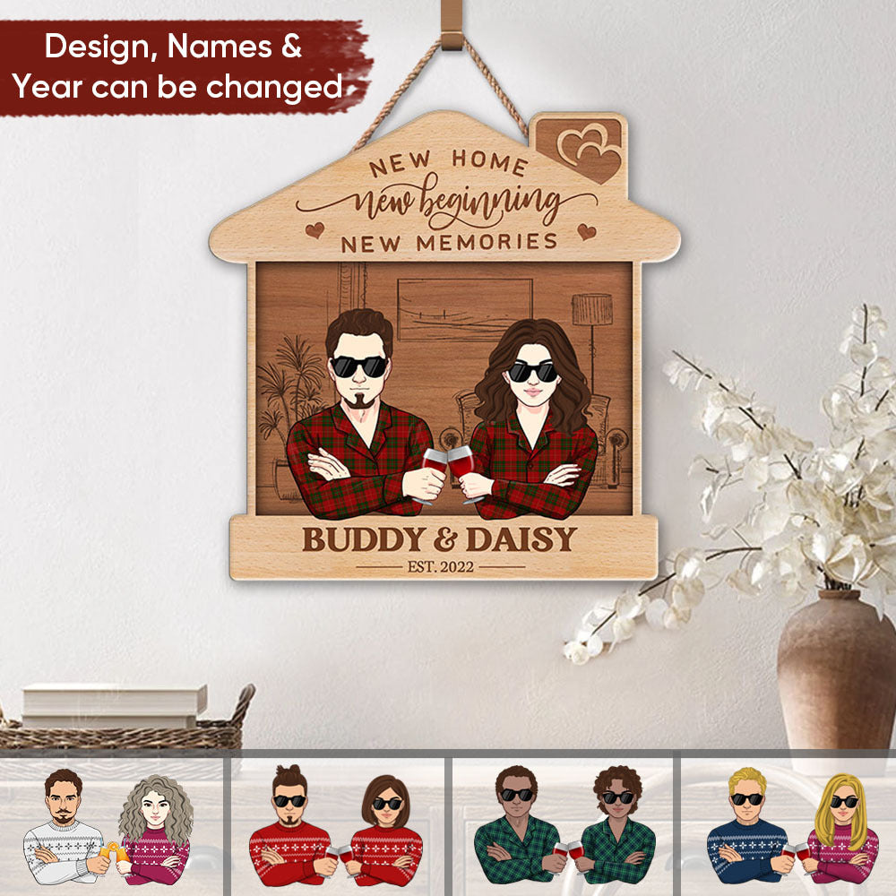 Personalized New Home New Beginning Couple House Shaped Wood Sign, Gift For Family Z