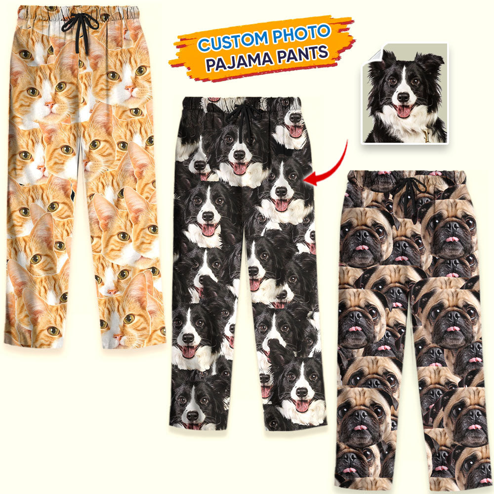 Custom Multiple Face Photo Family With Pet Pajama Pants, Pet Lover Gift AB