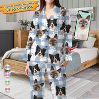 Thumbnail for Custom Beige Buffalo Plaid Dog Cat Photo Pajamas Set, Pet Lover Gift AB