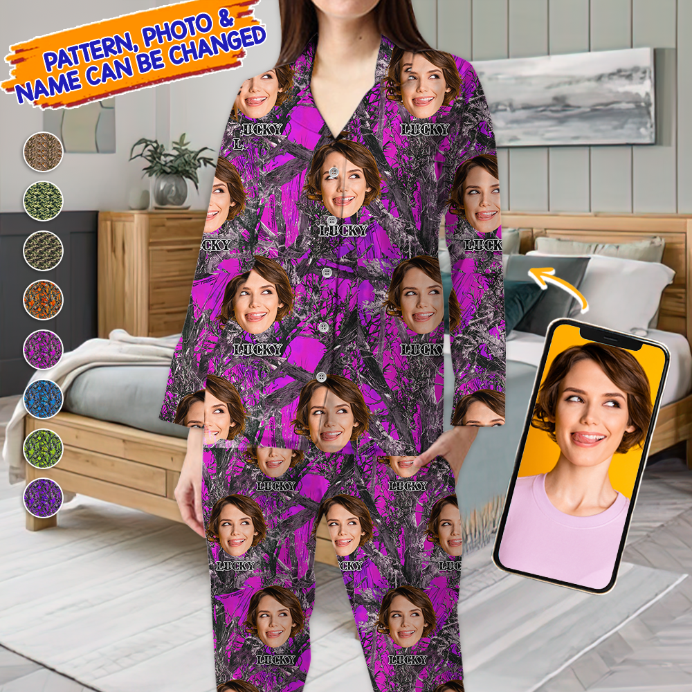 Personalized Custom Face Husband Wife Camo Hunting Pattern Pajamas Set, Funny Gift For Hunting Lover AB