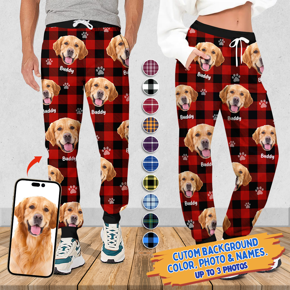 Pet Photo With Name Multicolor Buffalo Plaid Sweatpants, Custom Gift For Men and Women AB