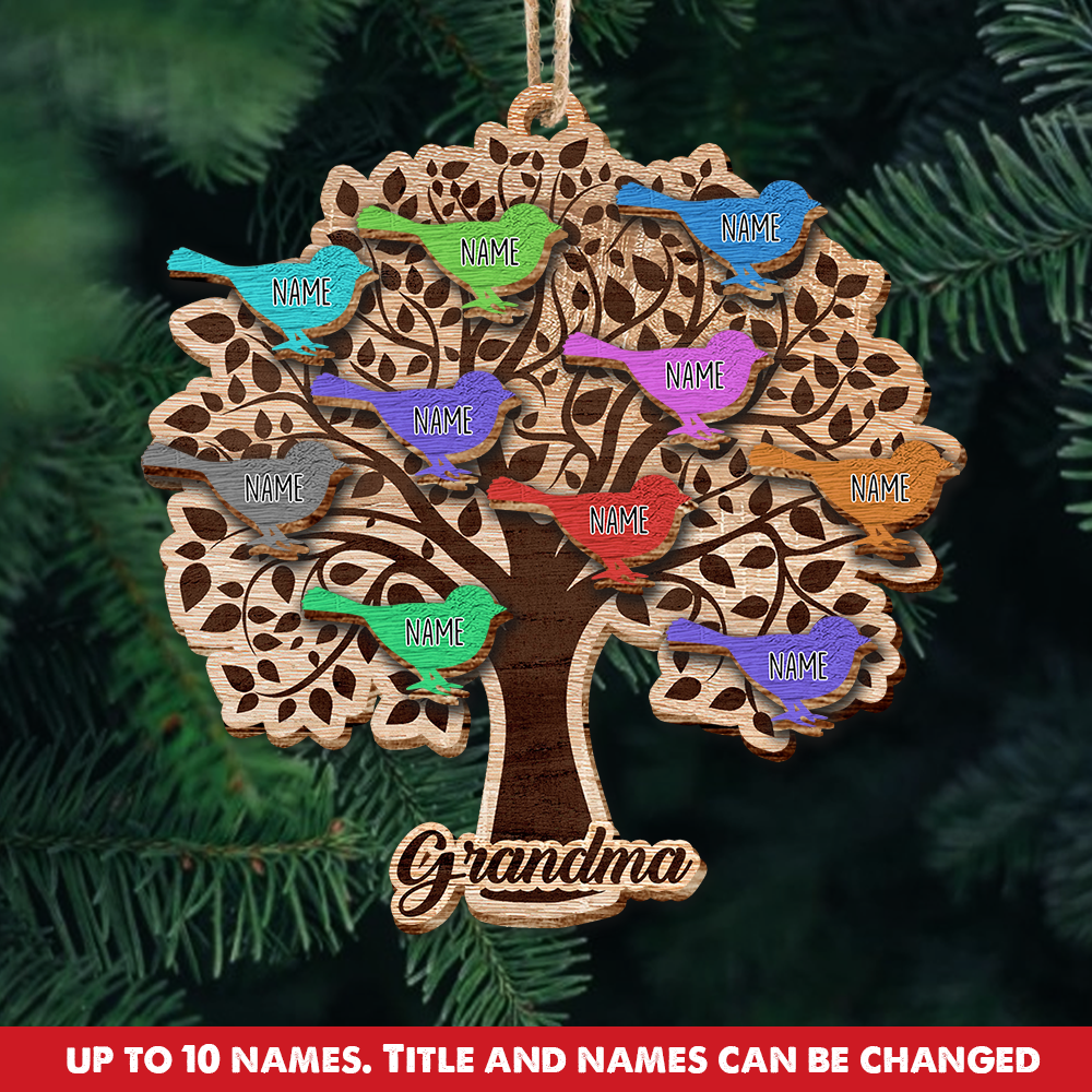 Personalized Family Tree Bird Grandkids Grandma Christmas Layered Wood Ornament , Christmas Gift For Family AE