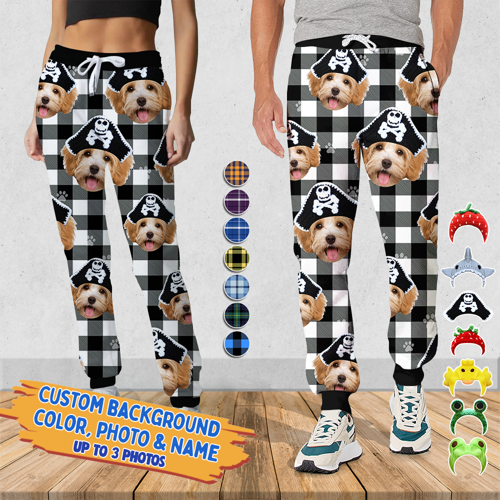 Upload Pet Photo Cute Hat Buffalo Plaid Sweatpants, Custom Gift For Men and Women AB