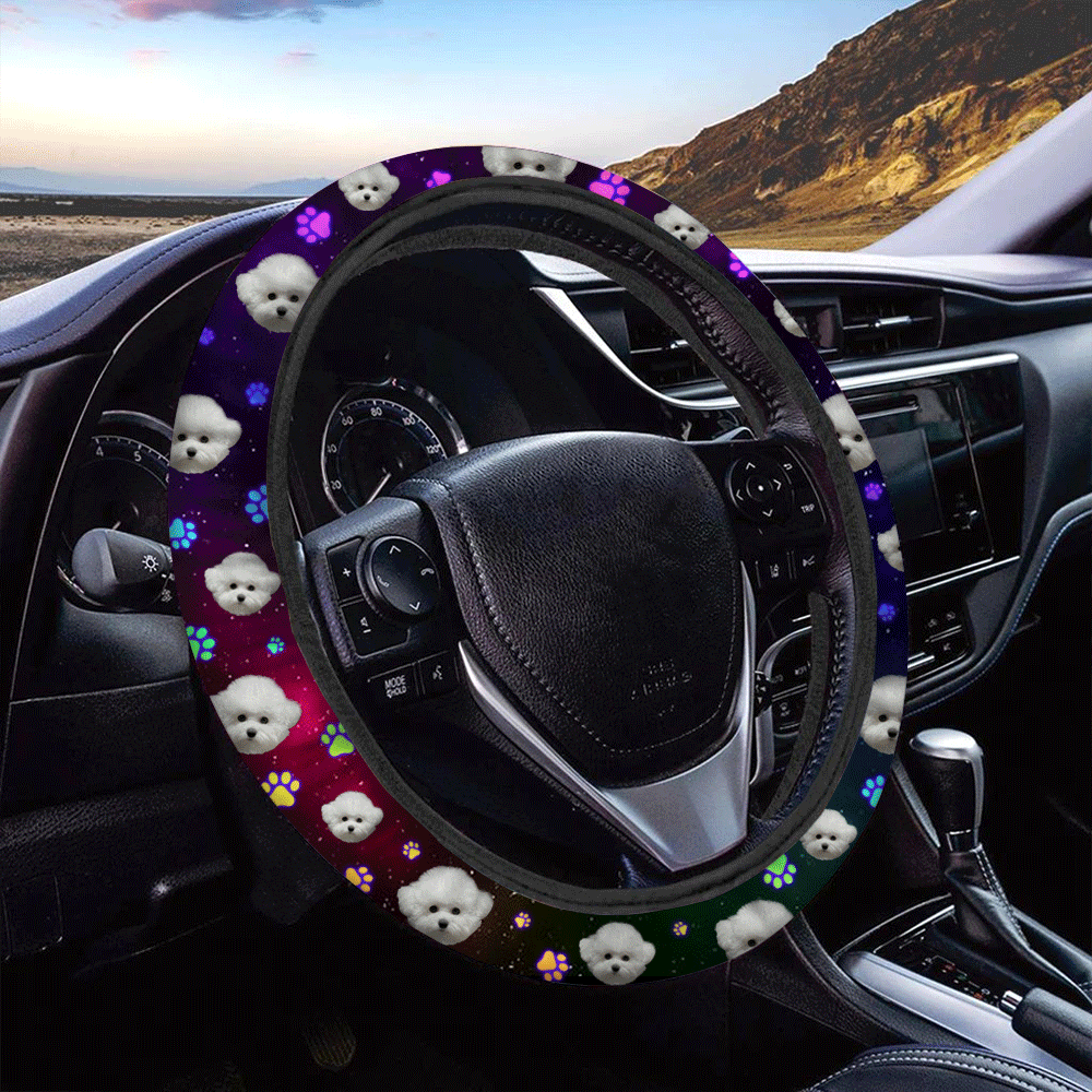 Custom Neon Pawprints Dog Cat Photo Car Steering Wheel Cover, Pet Lover Gift JonxiFon