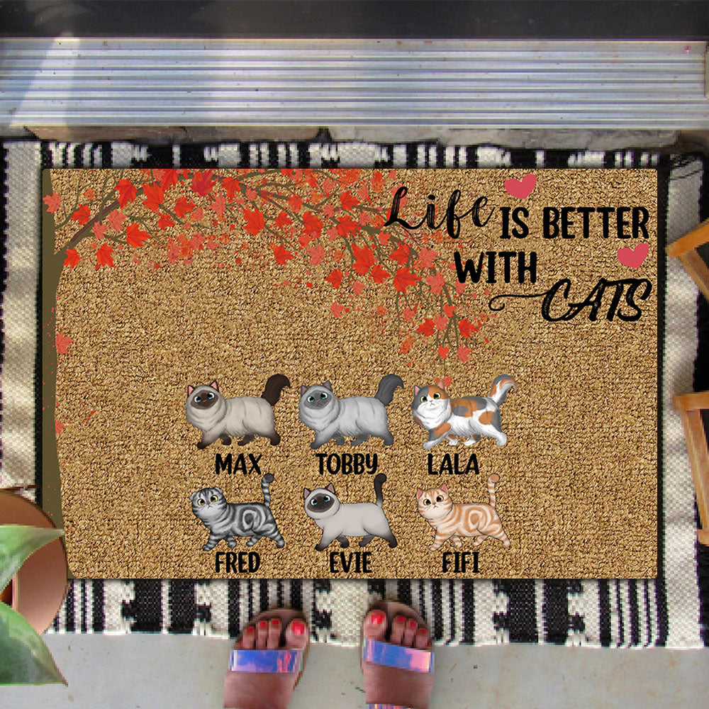 Life Is Better With Cats Falling Leaves - Personalized Cat Doormat AB