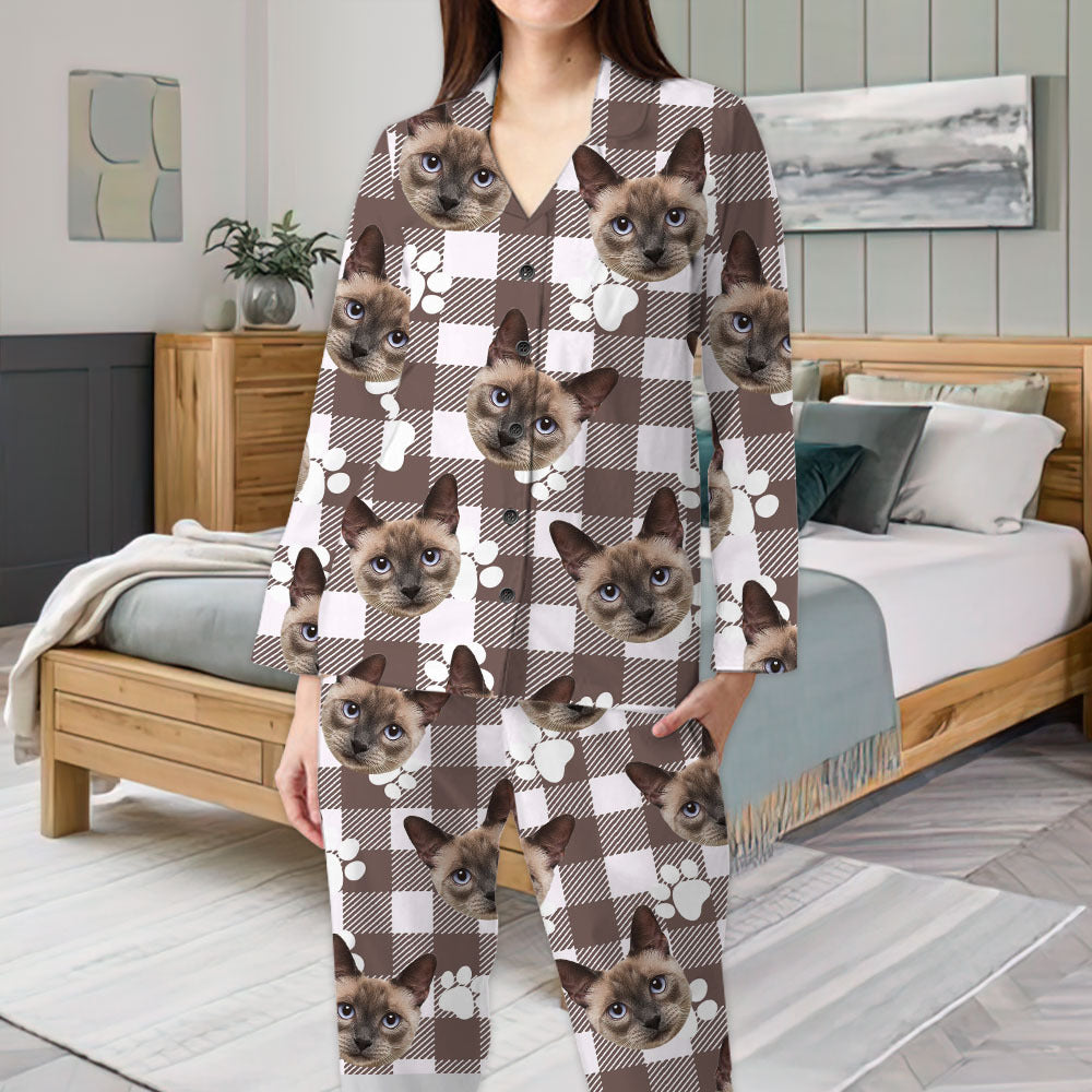 Custom Beige Buffalo Plaid Dog Cat Photo Pajamas Set, Pet Lover Gift AB
