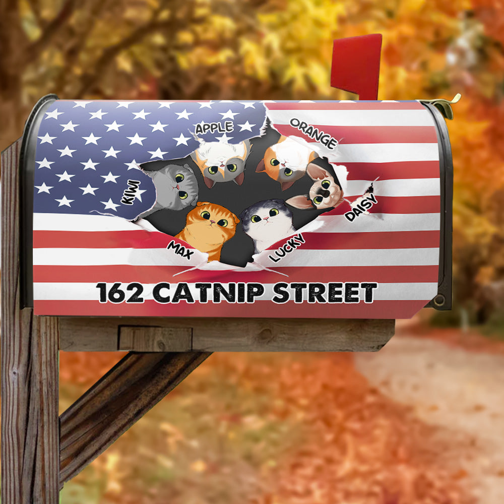 Cats Opened Patriotic Address House Magnetic Mailbox Cover, Personalized Gift For Cat Lovers AF