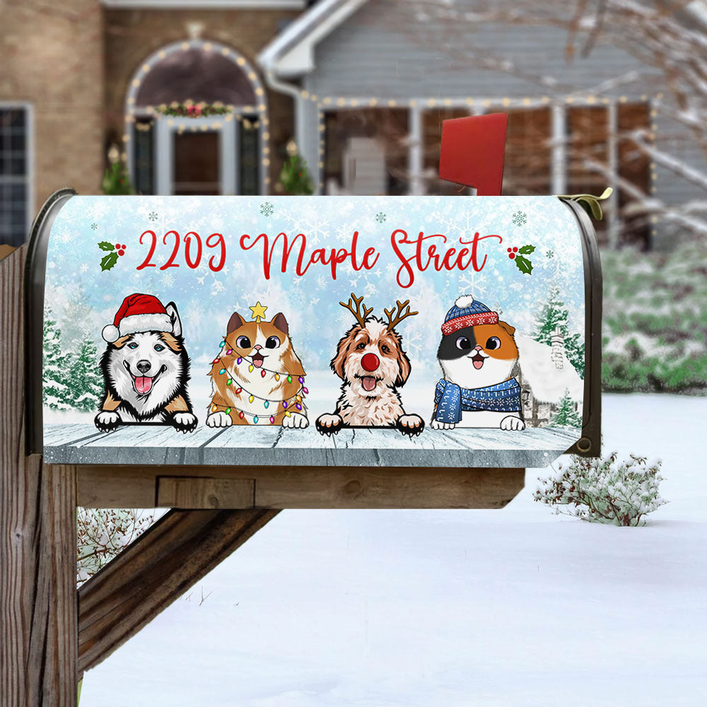 Winter Sky With Dog Cat Mailbox Cover, Christmas Decor AF