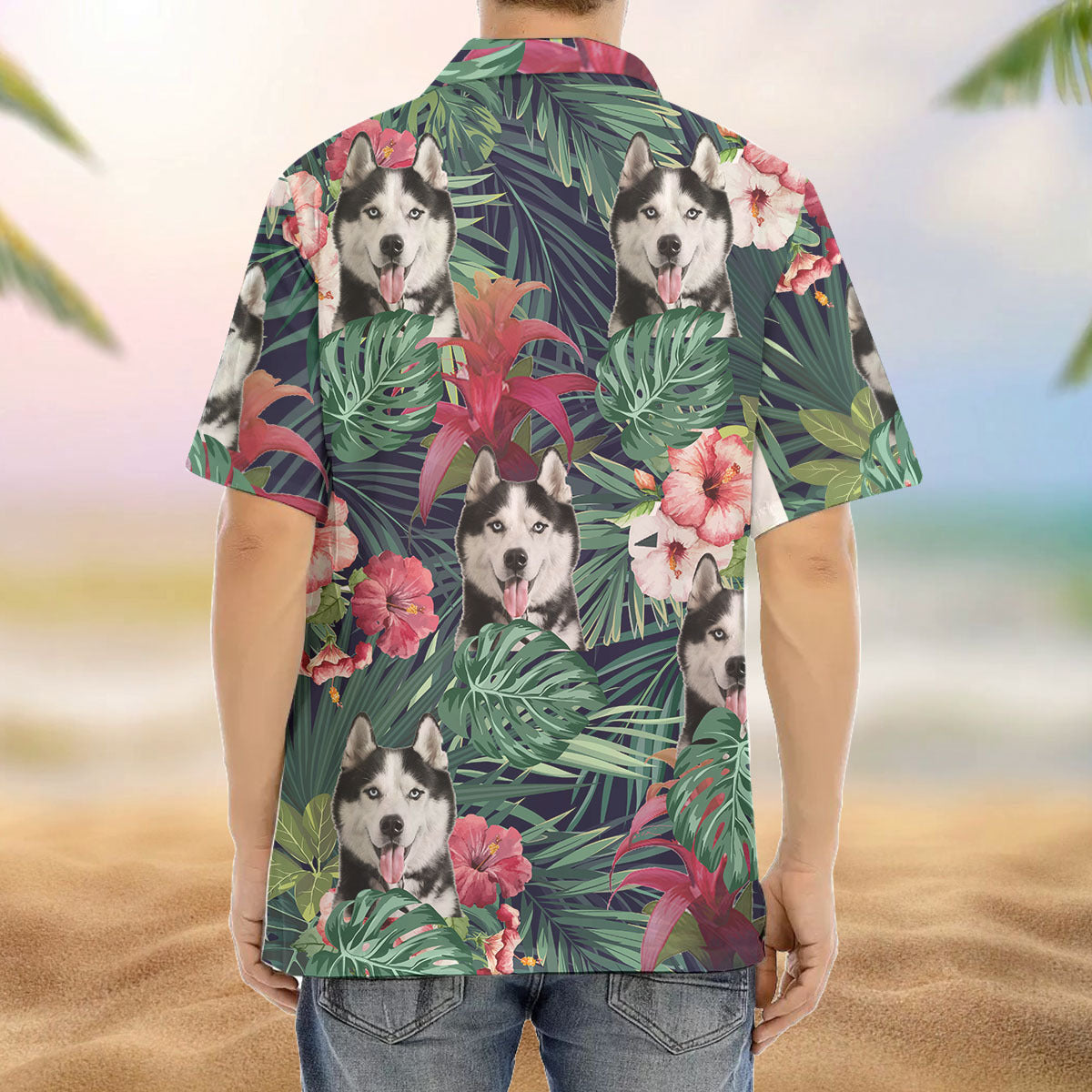 Custom Pet Face Photo Green Hawaiian Shirt, Hibiscus x Red Ginger AI