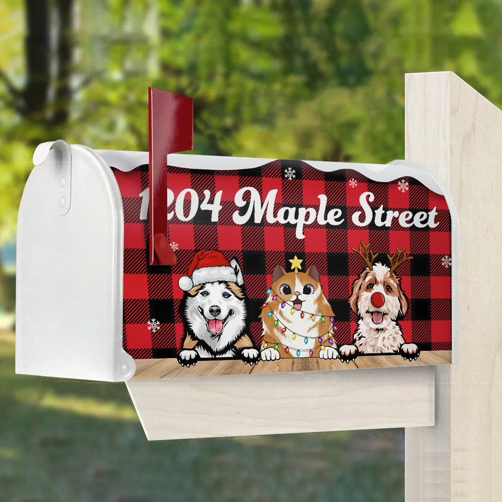 Christmas Dog Cat Buffalo Plaid Address Mailbox Cover, Winter Mailbox AF
