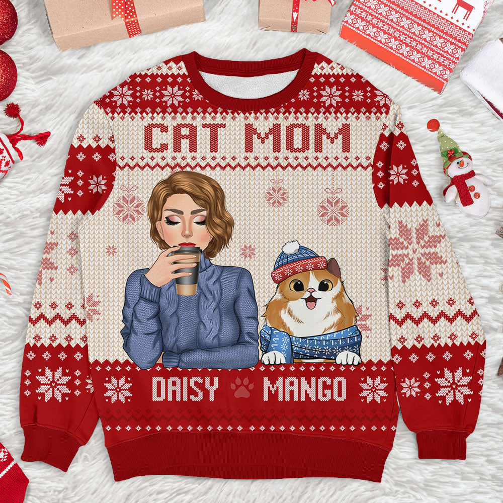 Personalized Cat Mom Ugly Christmas Sweatshirt, Christmas Gift For Cat Lovers AB