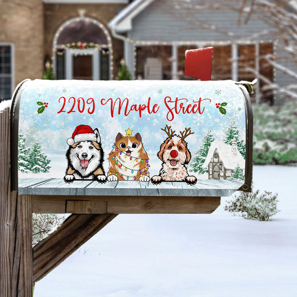 Winter Sky With Dog Cat Mailbox Cover, Christmas Decor AF