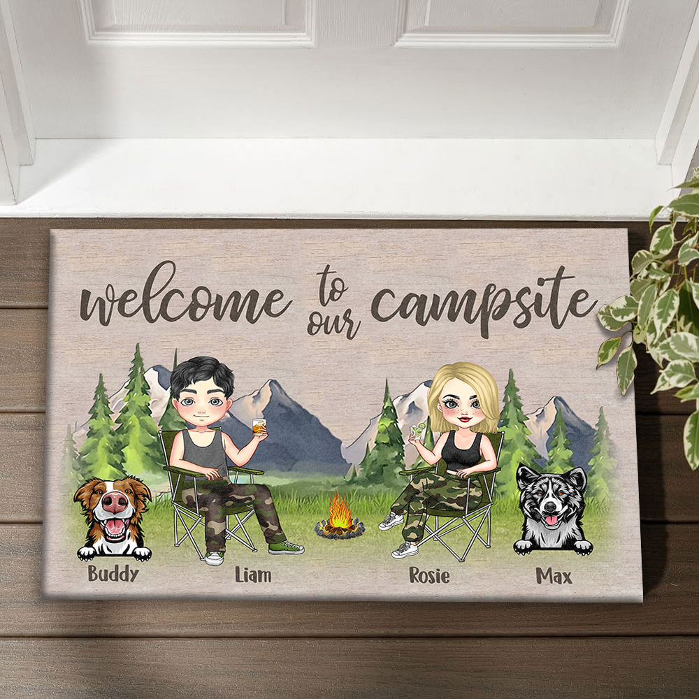 Personalized Happy Campers Husband Wife And Dogs House Doormat, Gift For Camping Couple AB