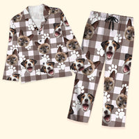 Thumbnail for Custom Beige Buffalo Plaid Dog Cat Photo Pajamas Set, Pet Lover Gift AB