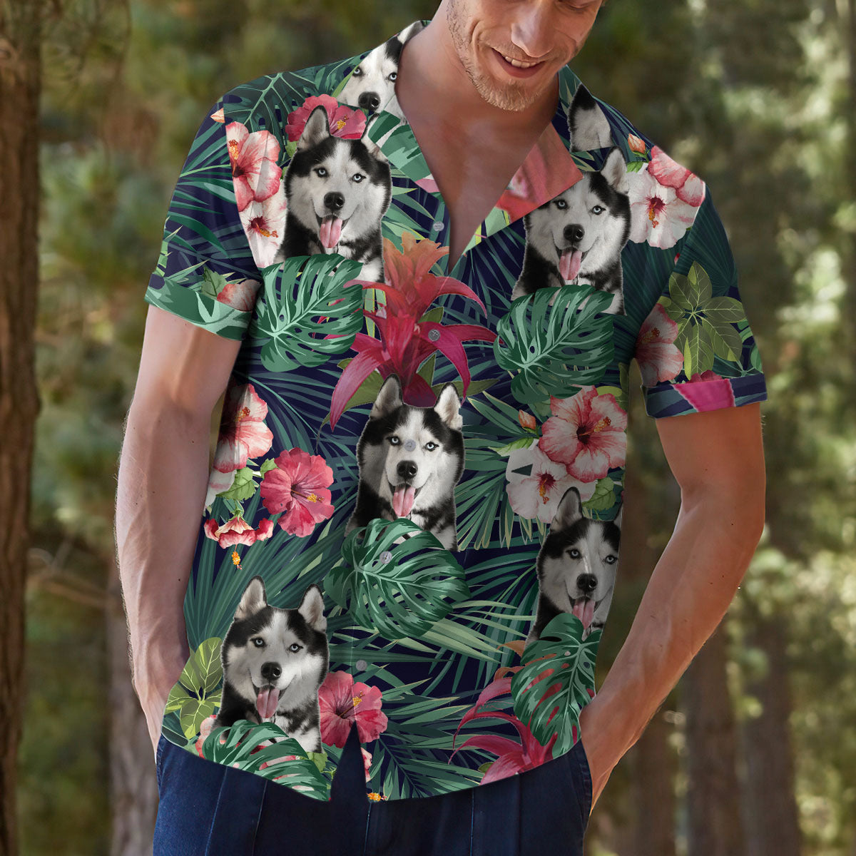Custom Pet Face Photo Green Hawaiian Shirt, Hibiscus x Red Ginger AI