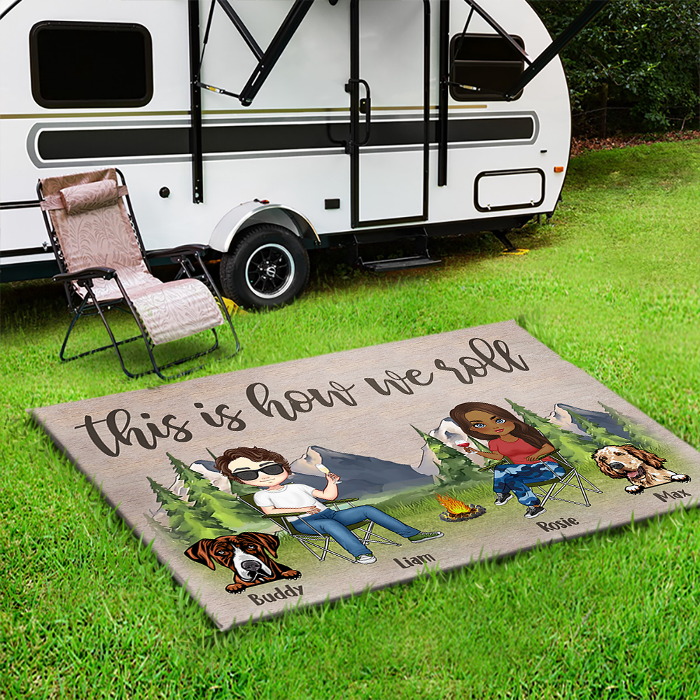 Personalized Happy Campers Husband Wife And Dogs House Doormat, Gift For Camping Couple AB