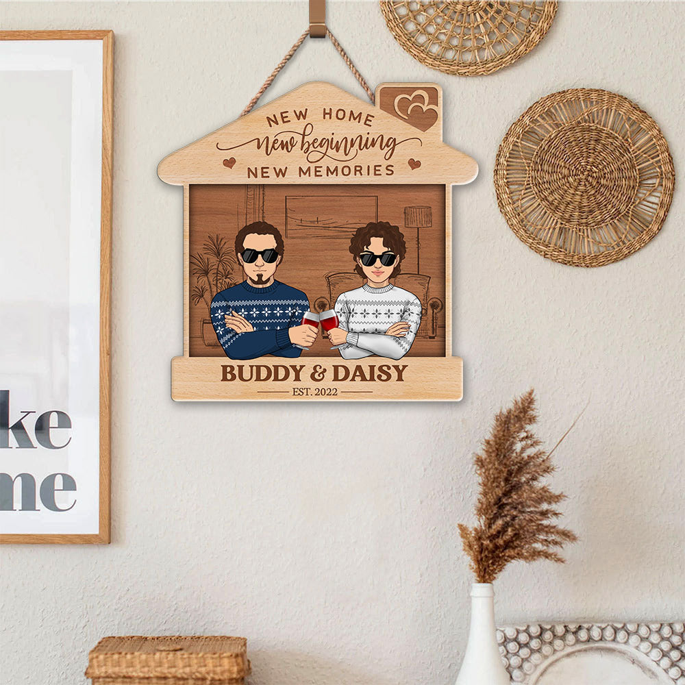 Personalized New Home New Beginning Couple House Shaped Wood Sign, Gift For Family Z