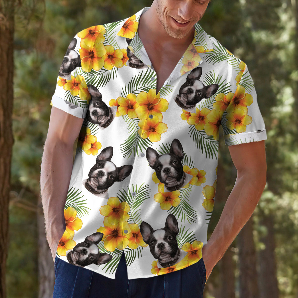 Custom Pet Face Photo White Hawaiian Shirt, Yellow Hibiscus AI