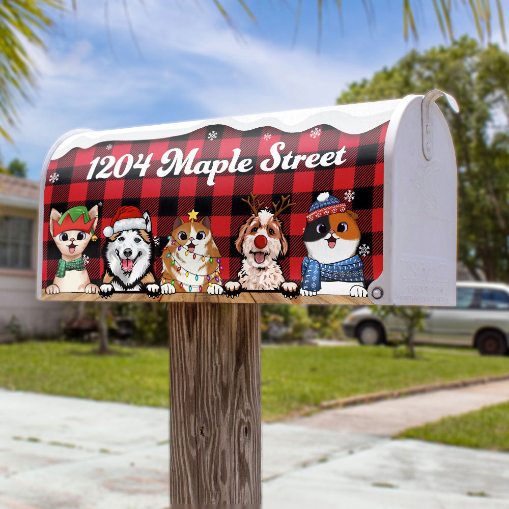 Christmas Dog Cat Buffalo Plaid Address Mailbox Cover, Winter Mailbox AF