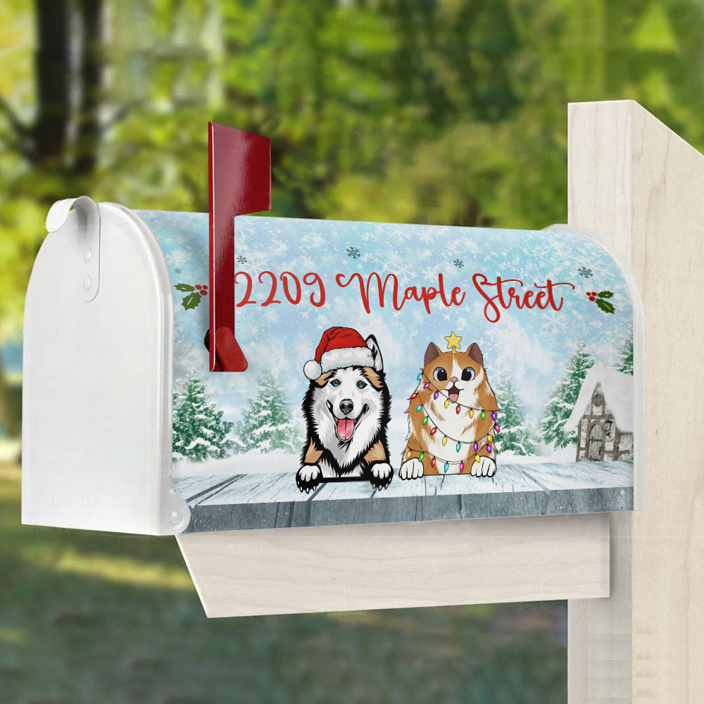 Winter Sky With Dog Cat Mailbox Cover, Christmas Decor AF