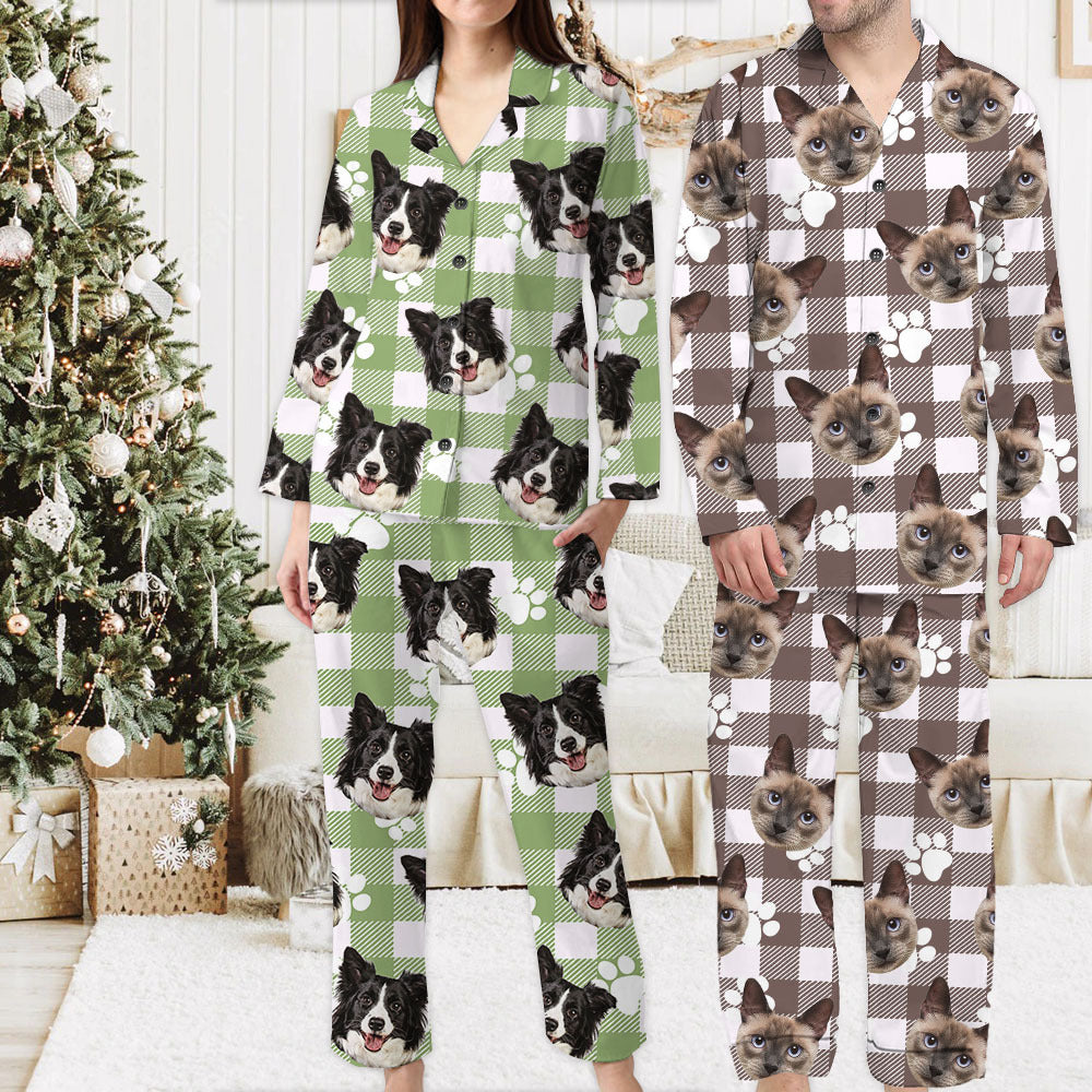 Custom Beige Buffalo Plaid Dog Cat Photo Pajamas Set, Pet Lover Gift AB