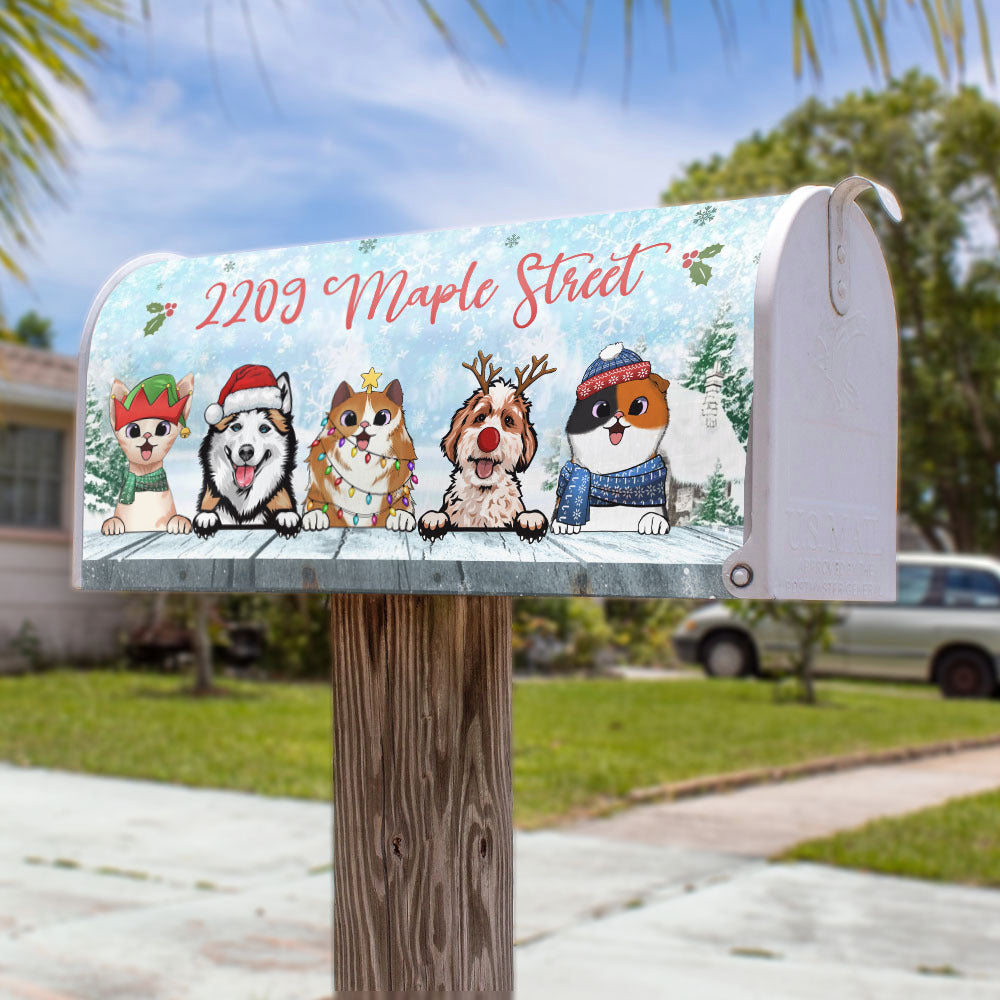 Winter Sky With Dog Cat Mailbox Cover, Christmas Decor AF
