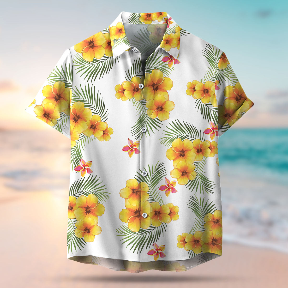 Custom Pet Face Photo White Hawaiian Shirt, Yellow Hibiscus AI