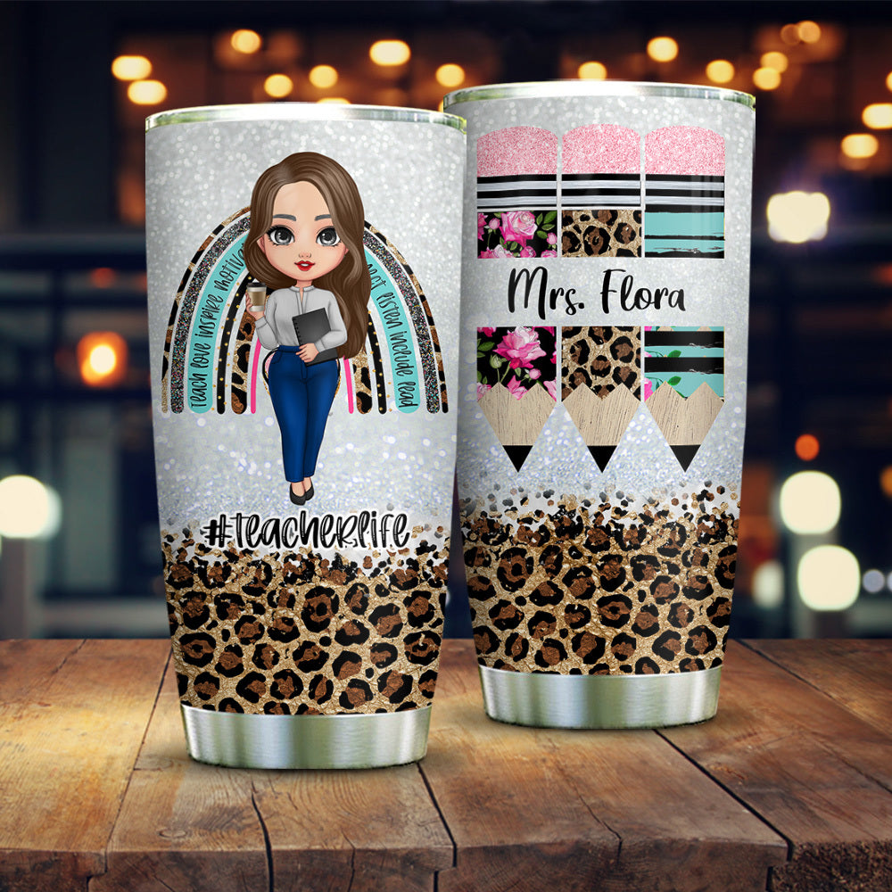 Rainbow Leopard Glitter Teacher Tumbler, Pencil Monogram Tumbler AA