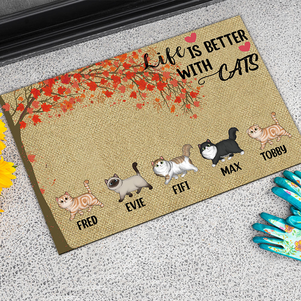 Life Is Better With Cats Falling Leaves - Personalized Cat Doormat AB