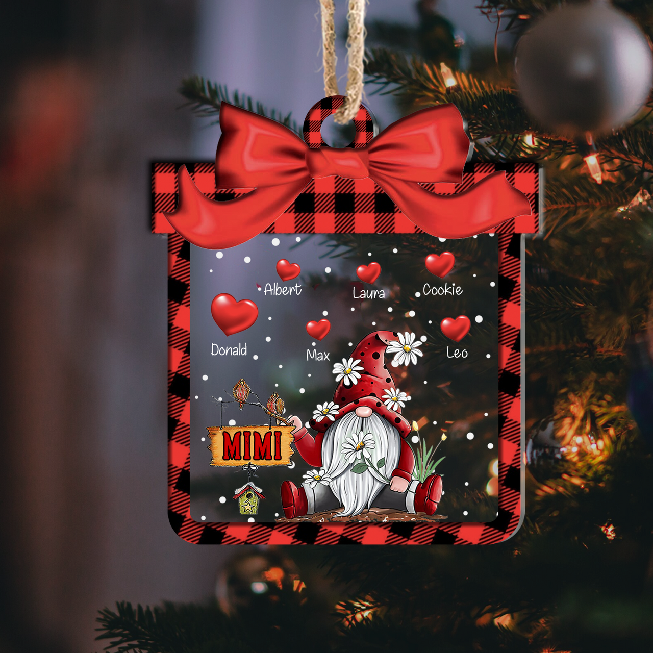 Personalized Grandma Gnome Red Heart Printed Acrylic Ornament, Customized Holiday Gift For Grandma Nana Mommy Aunt AE
